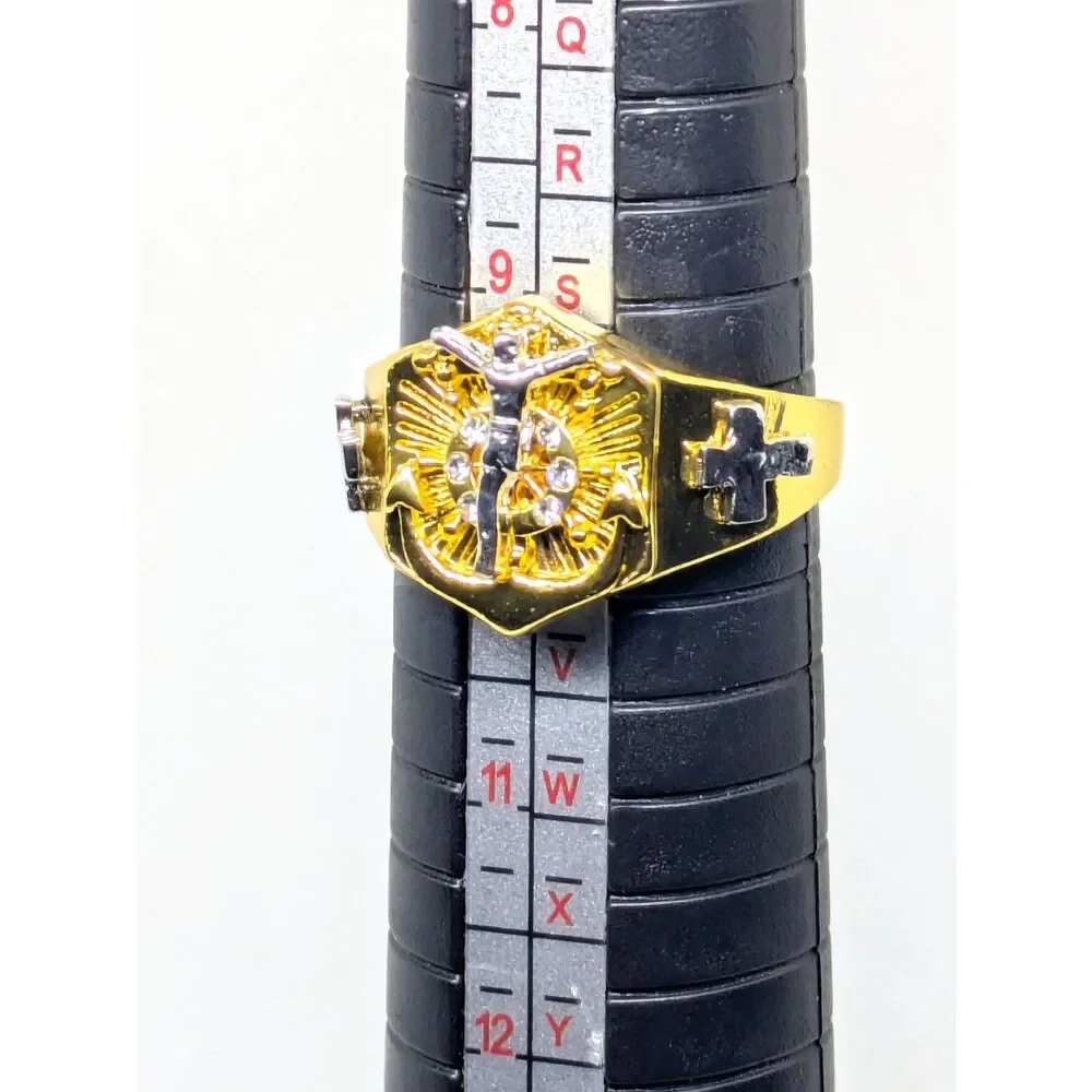 Men's NEW size 10 Jesus Cross CZ Gold & Silver 2 Tone Christian/Cross Ring